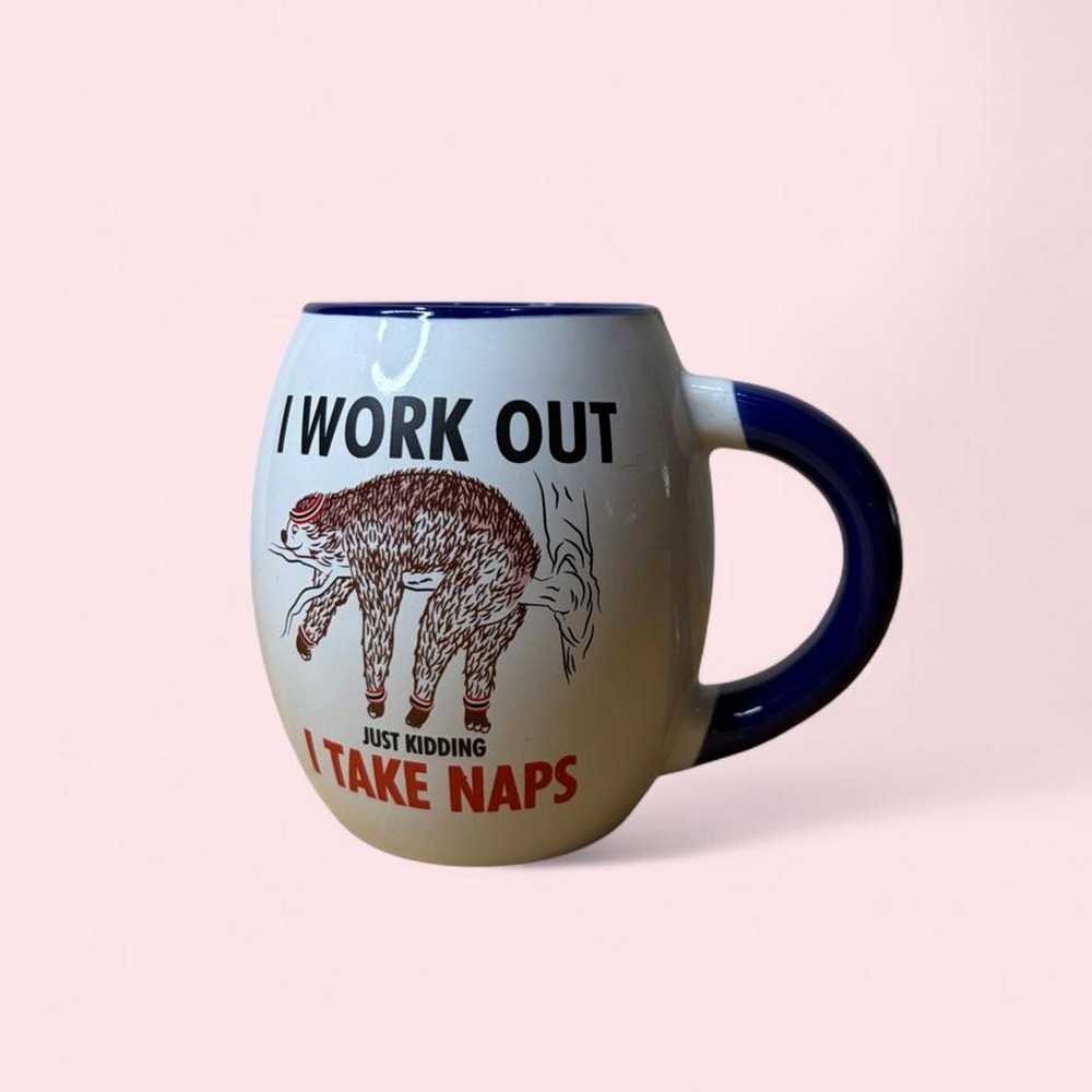 Rainforest Cafe Sloth I Work Out Just Kidding I Take Naps Coffee Mug Blue White